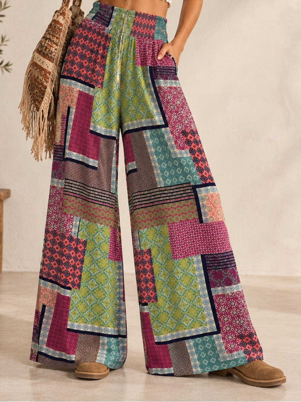 🌸 Easel Los Angeles Patchwork Boho Wide Leg Pants NWT Medium